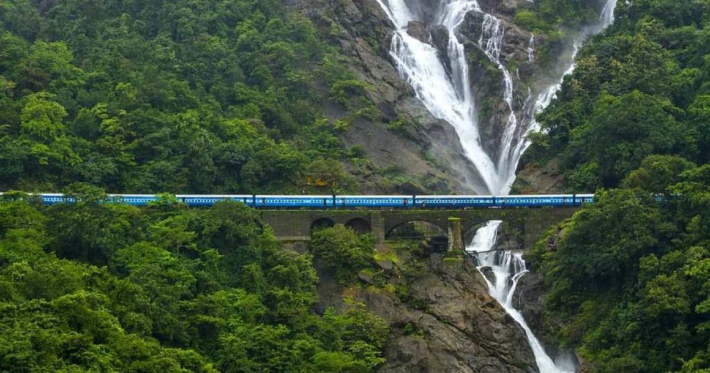 Dudhsagar Fall Indian Railway train Passing by